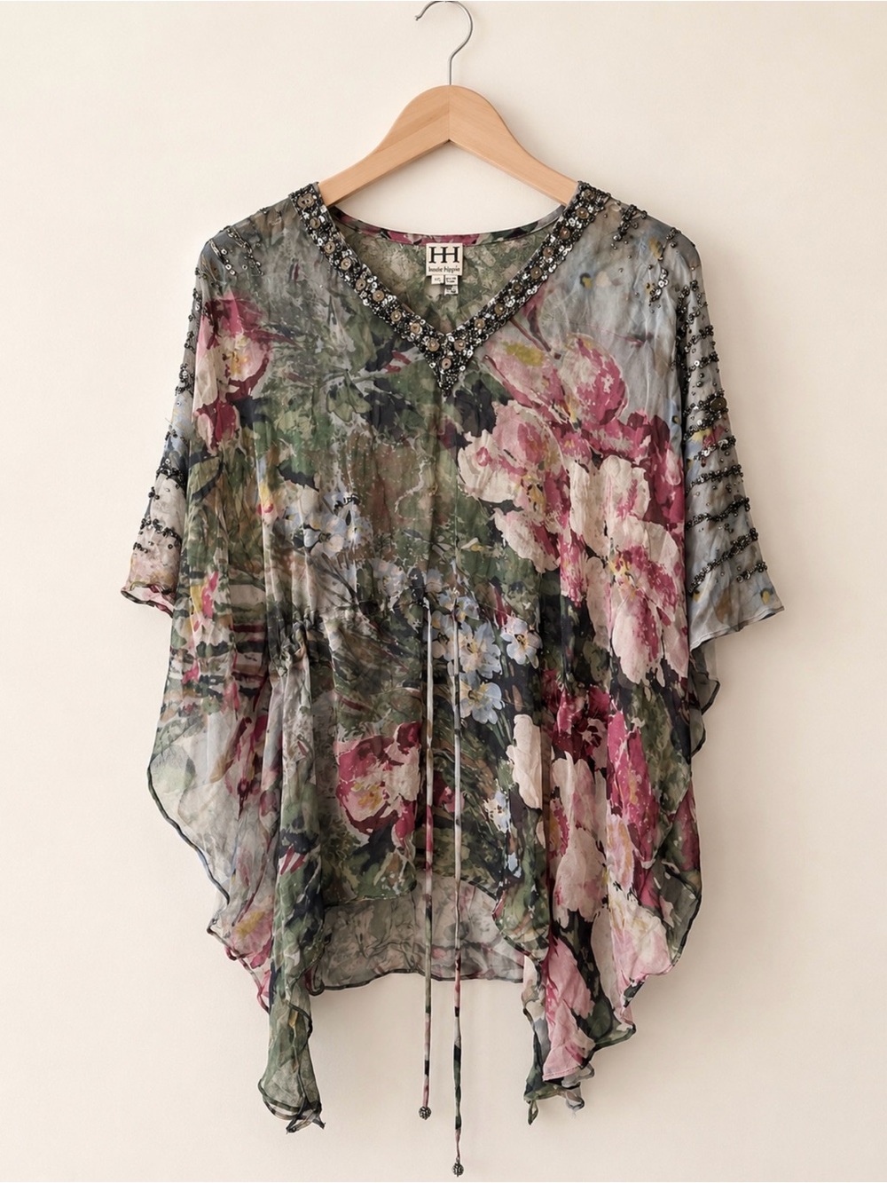 Haute Hippie Silk Floral Beaded Sequin Butterfly Tunic Sheer Drawstring XS